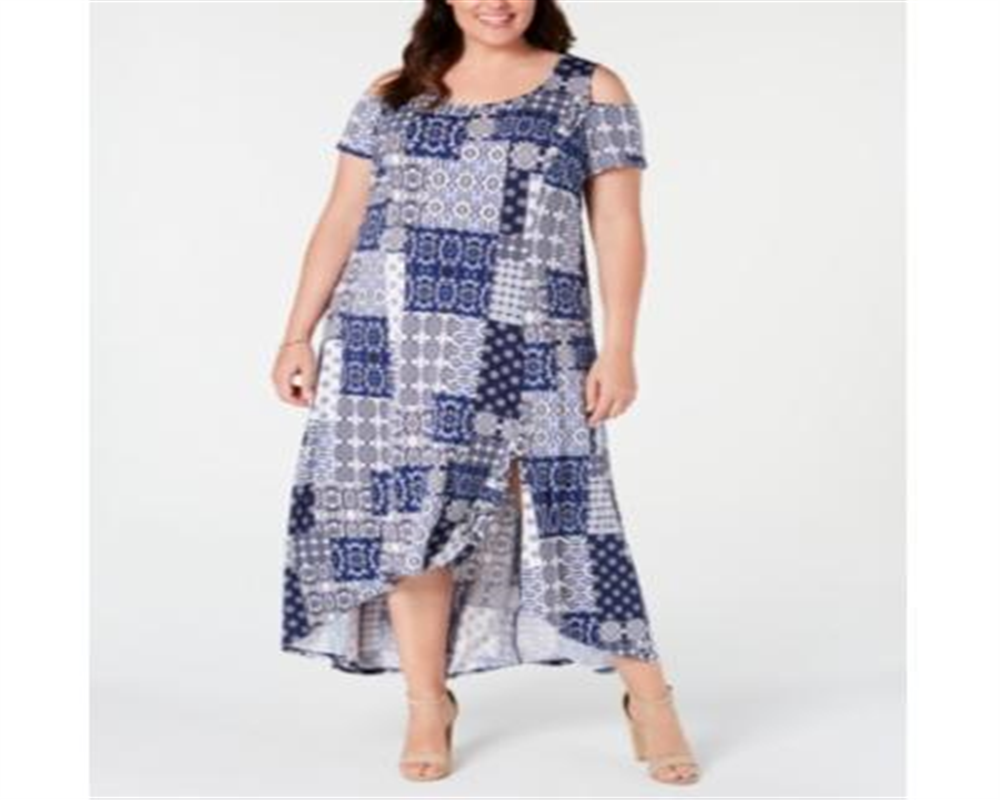 NY Collection Women's Plus Printed Cold Shoulder Maxi Dress Blue Size 3X
