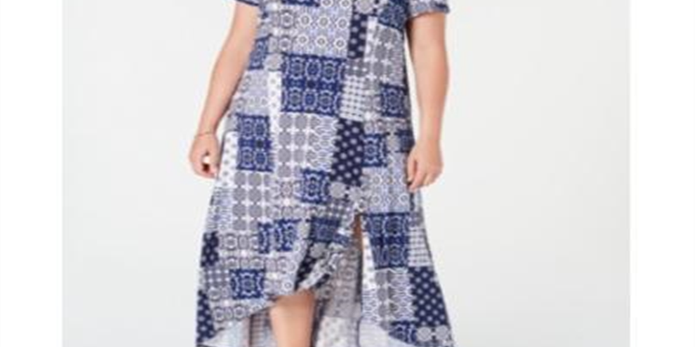NY Collection Women's Plus Printed Cold Shoulder Maxi Dress Blue Size 3X