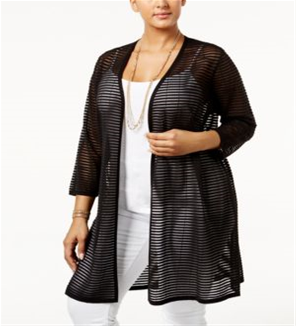 Alfani Women's Plus Illusion Stripe Cardigan Black Size 2XL
