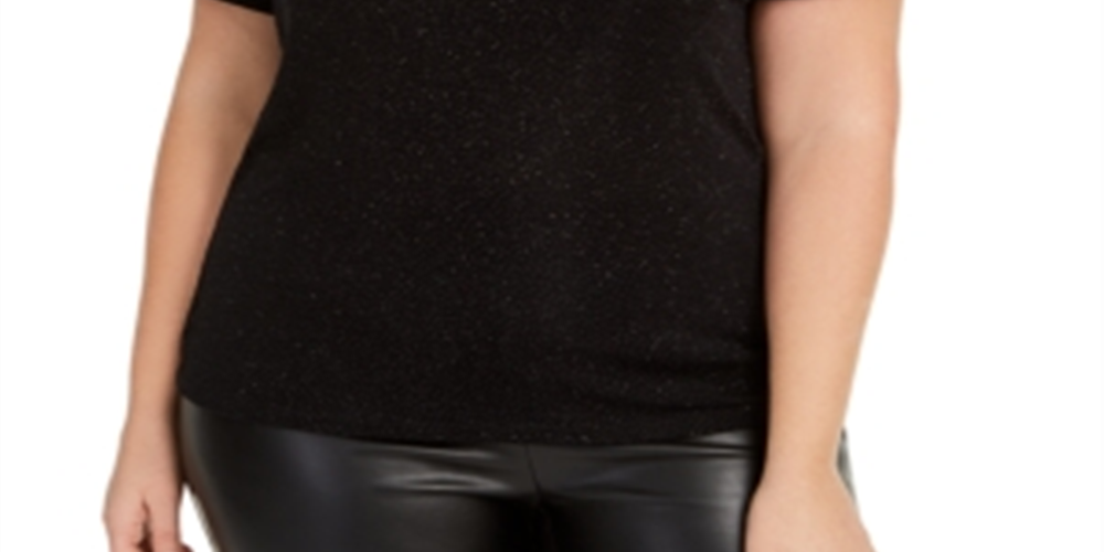 Bar III Women's Trendy Plus Textured Sparkle T-Shirt Black Size 1X