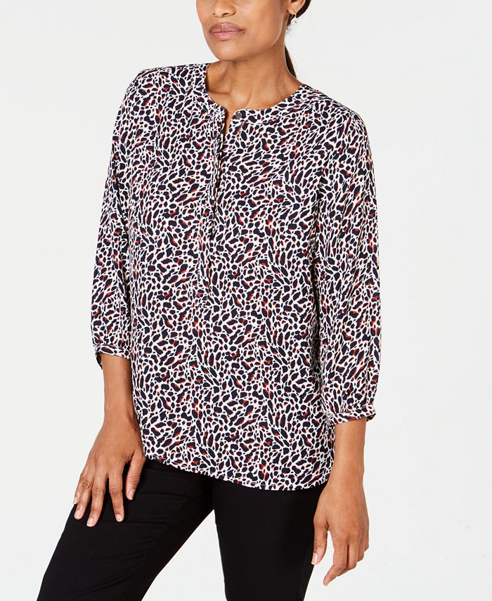 JM Collection Women's Printed Pleated Back Top Black Size Petite S