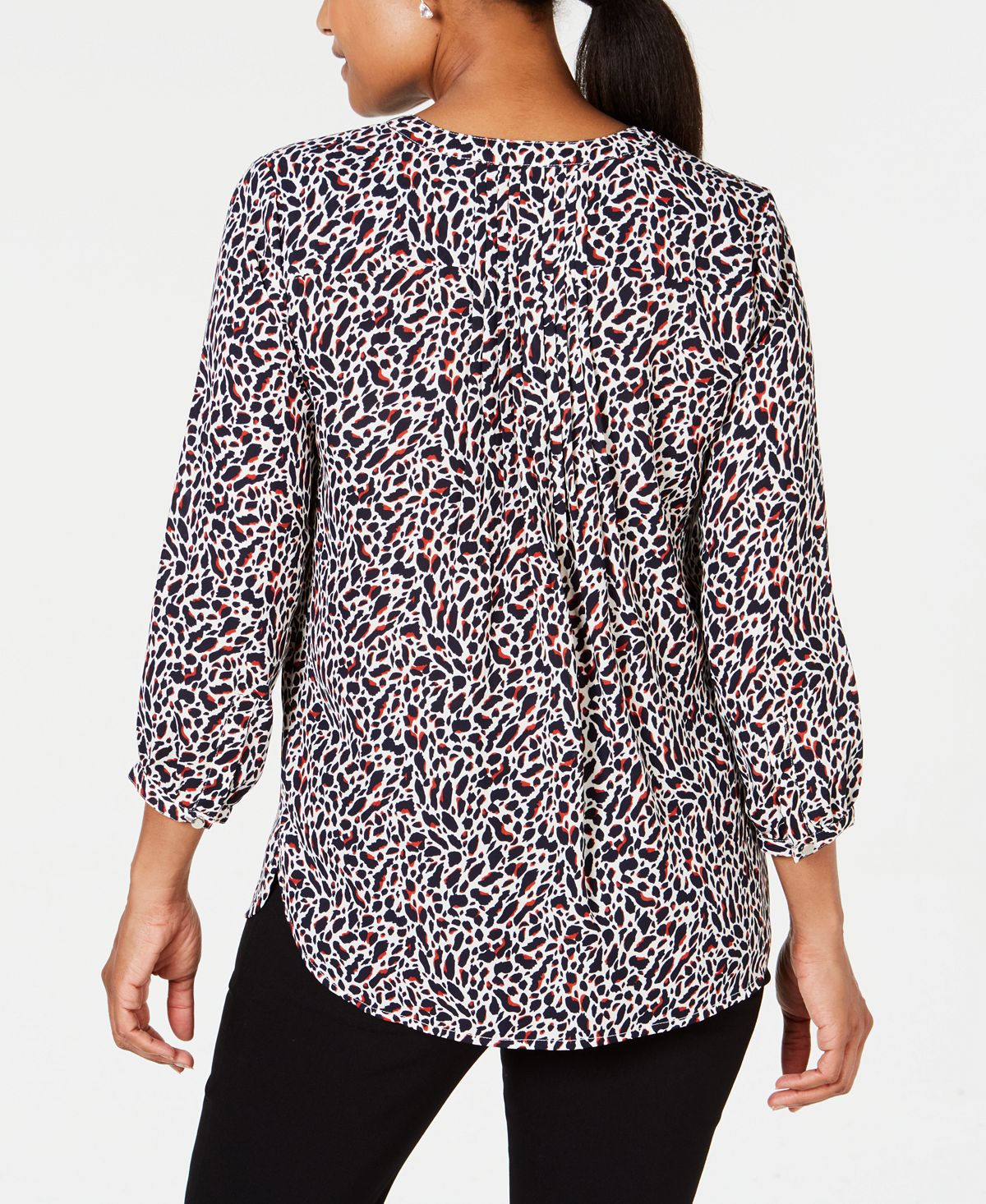 JM Collection Women's Printed Pleated Back Top Black Size Petite S