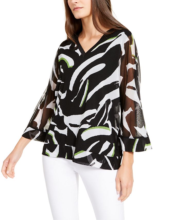 Alfani Women's Printed Sheer Sleeve Top Black Size Small