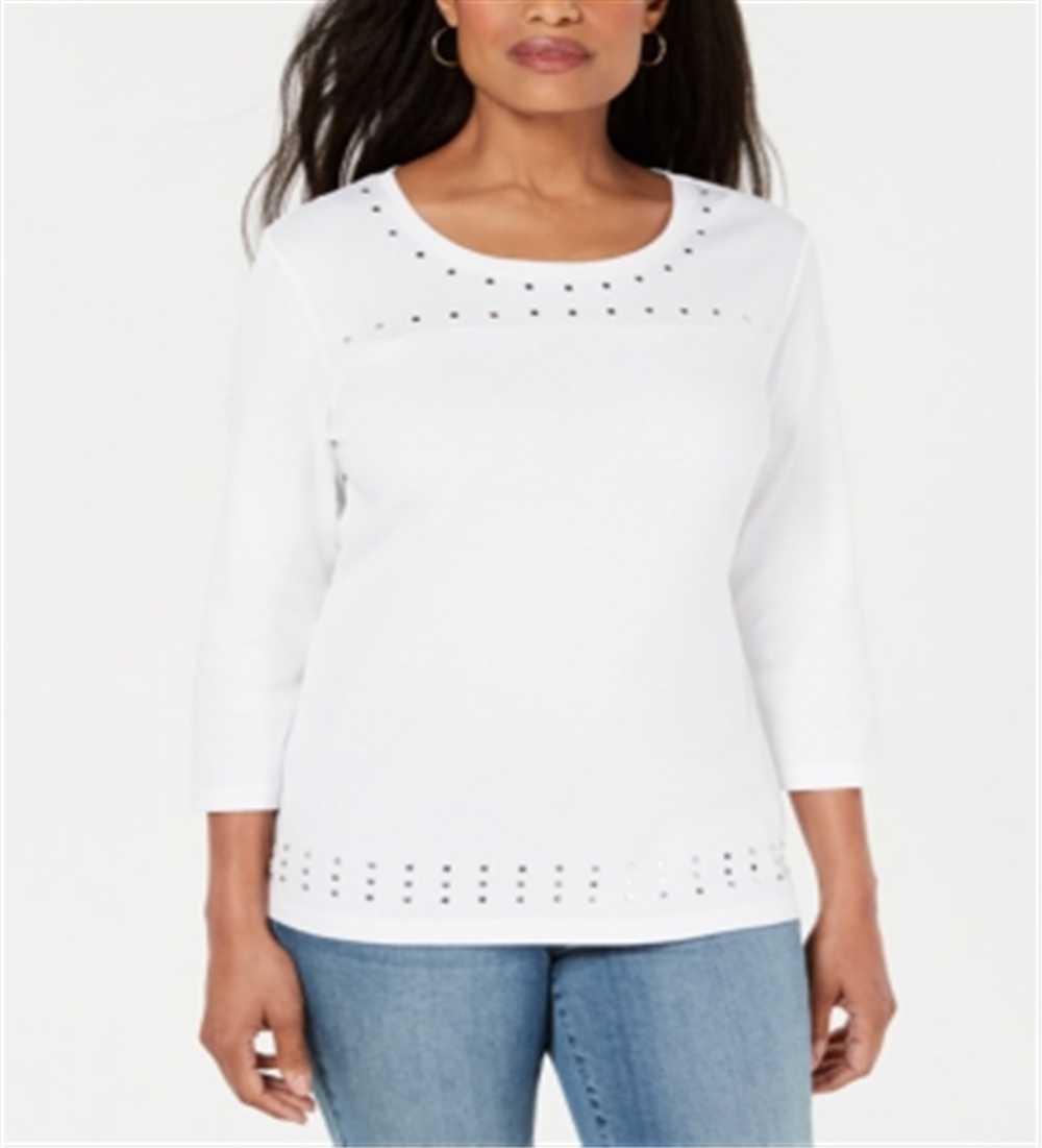 Karen Scott Women's Scoop Neck Studded Top Blue  Size X-Small