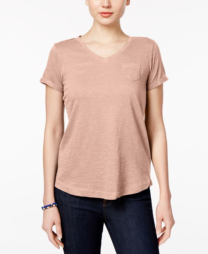 स्टाइल एंड को वी नेक पॉकेट टी-शर्ट पीली साइज़ पेटीट एल (Style & Co Women's V Neck Pocket T-Shirt Yellow Size Petite L)
