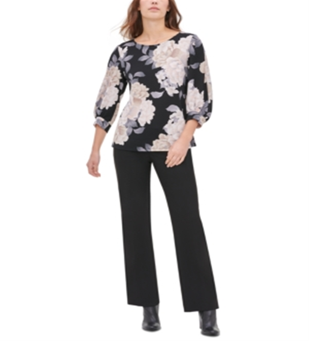 Calvin Klein Women's Floral 3/4 Sleeve T-Shirt Top Black Size Small