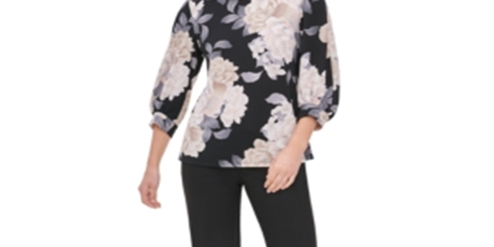 Calvin Klein Women's Floral 3/4 Sleeve T-Shirt Top Black Size Small