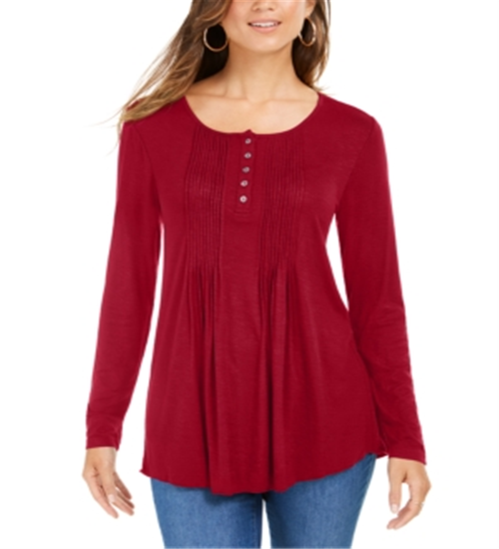 Style & Co Women's Long Sleeve Pintuck Top Red Size M