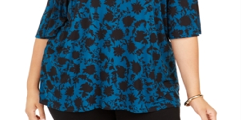 INC International Concepts Women's Plus Printed Cold Shoulder Top Blue Size 0X