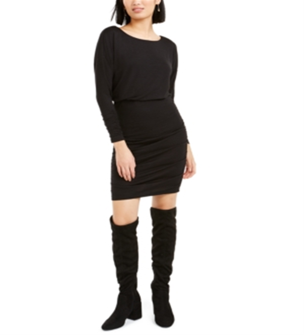 Bar III Women's Long Sleeve Jewel Neck Short Sheath Dress Black Size X-Small