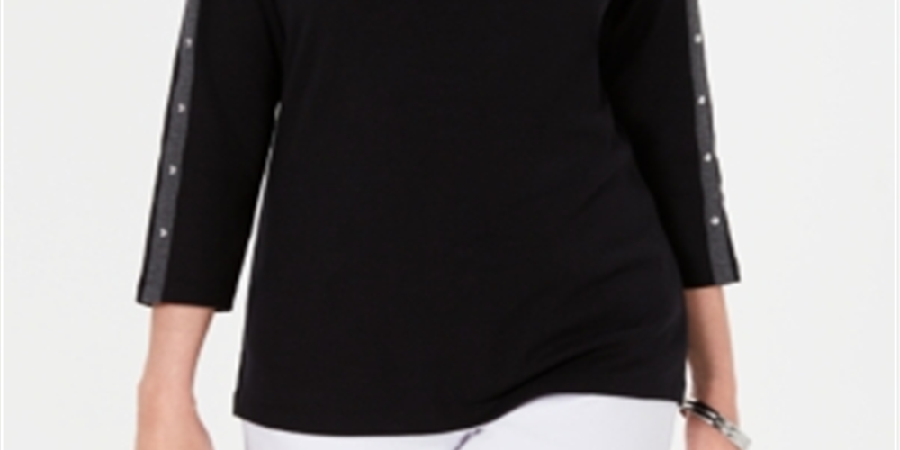Karen Scott Women's Cotton Studded Boat Neck Top Black Size Petite