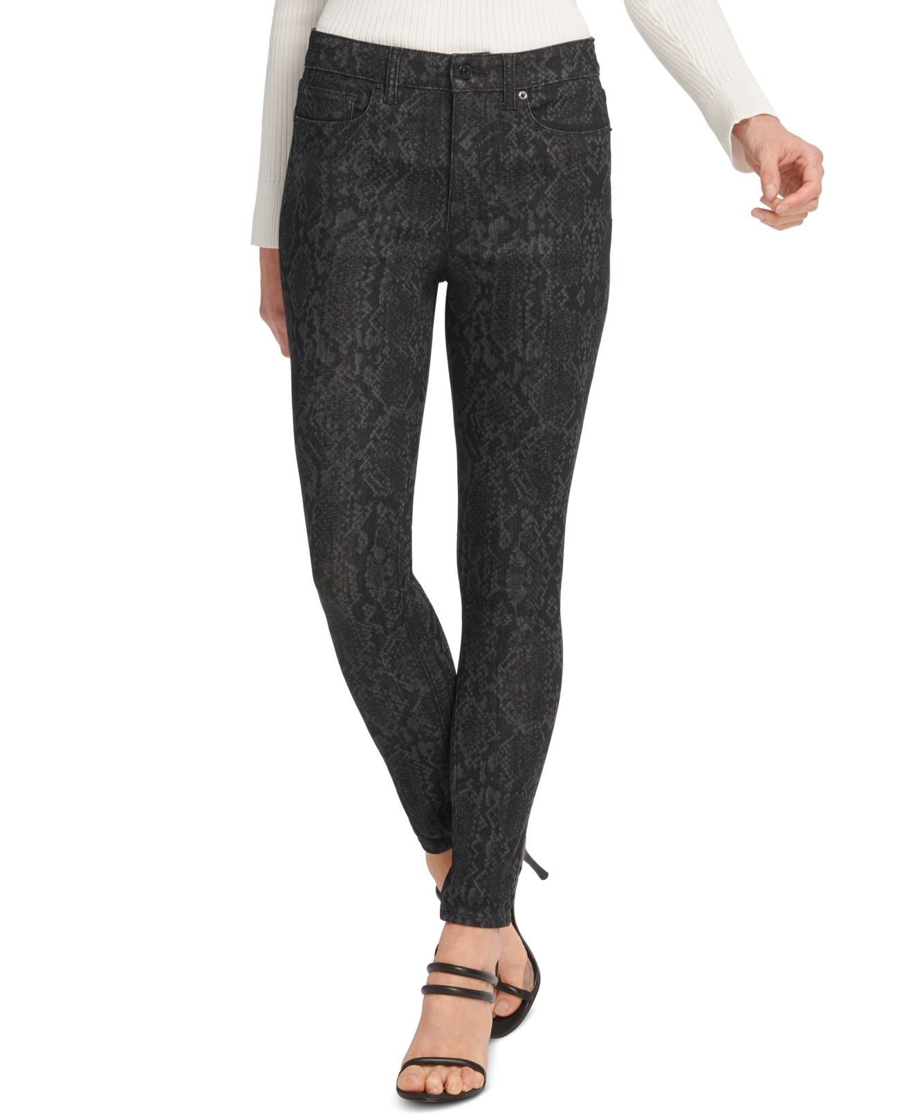 DKNY Women's Snakeskin Print Skinny Stretch Jeans Black Size 29X26