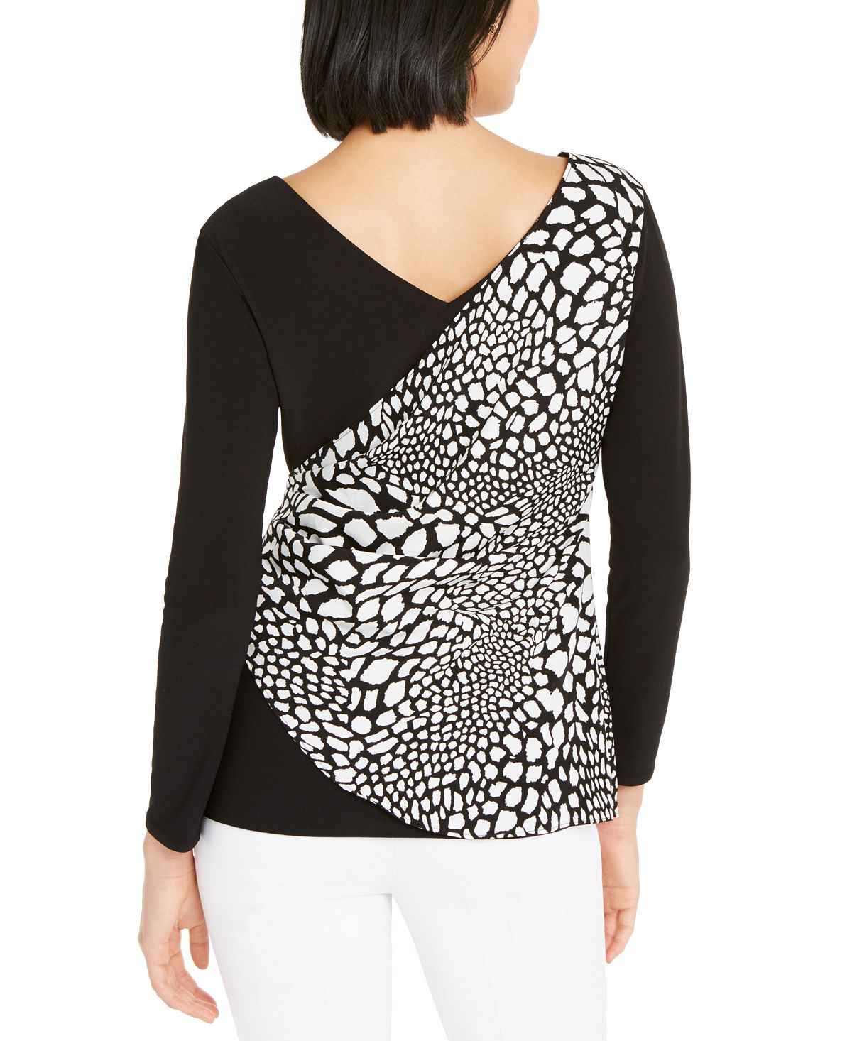 Alfani Women's  Patterned Long Sleeve V Neck Wrap Top Black Size Small