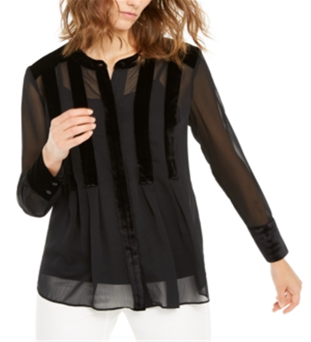 Alfani Women's Velvet Trim Button Front Top Black Size M