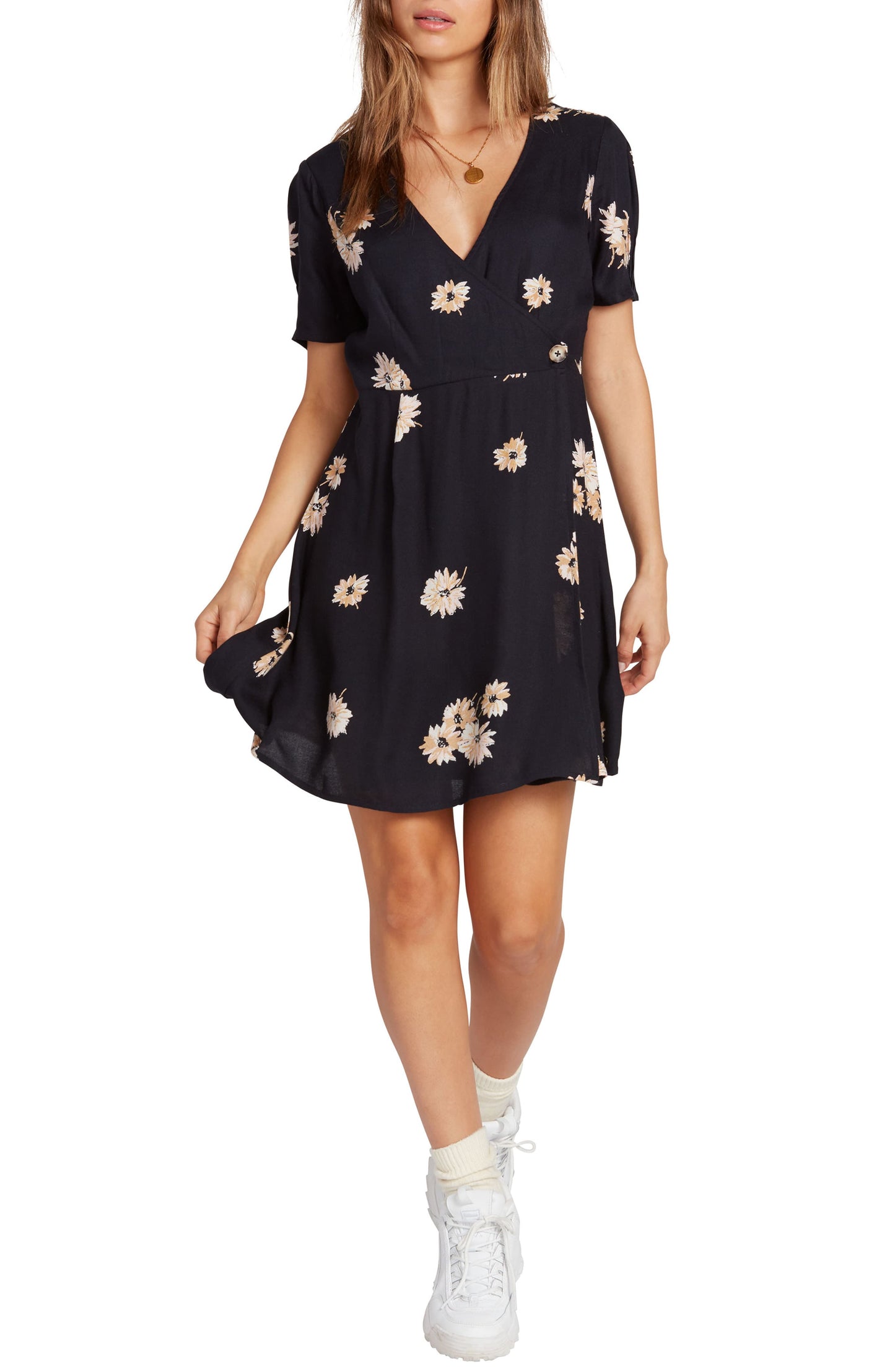 Volcom Women's Casual Floral Wrapsicle Wrap Dress Black Size XL