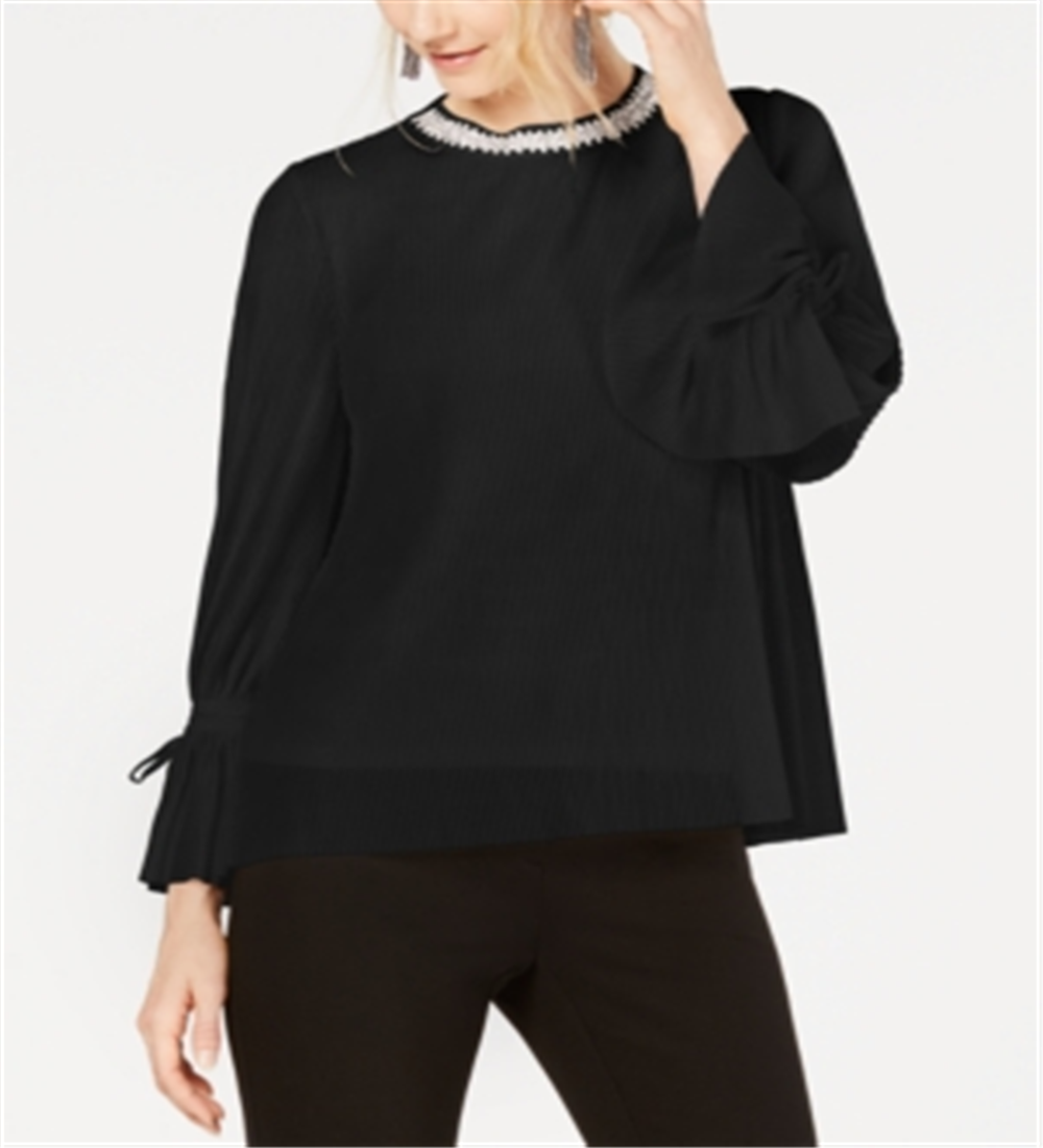 Alfani Women's Textured Stripes Embellished Neck Top Black Size Petite L