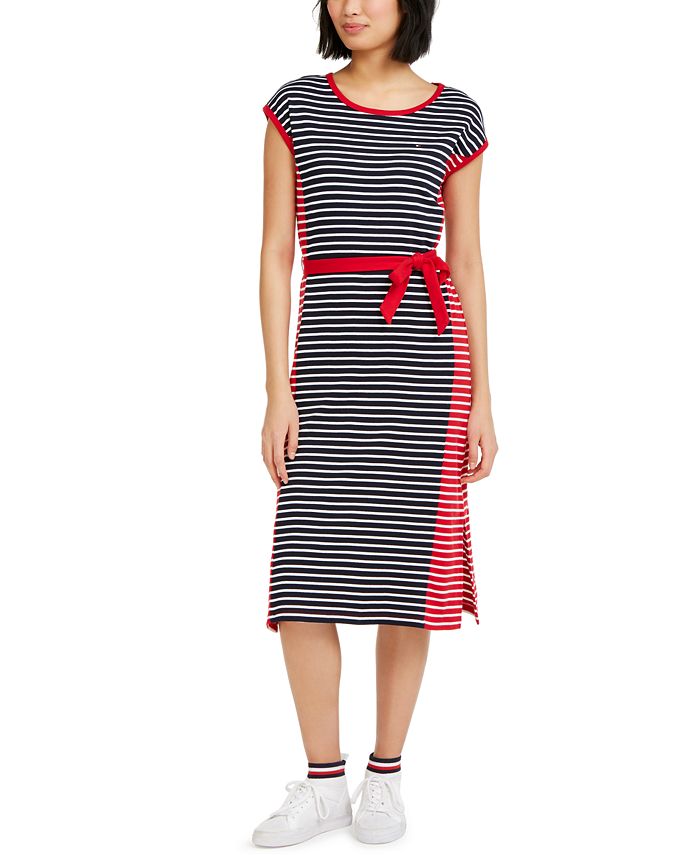 Tommy Hilfiger Women's Colorblocked Striped Cotton MIDI Dress Red Size Small