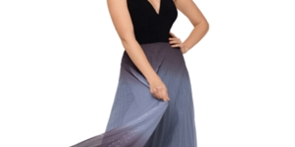 Betsy & Adam Women's Glitter Ombre Full Length Prom Accordion Pleat Dress Black Size 8