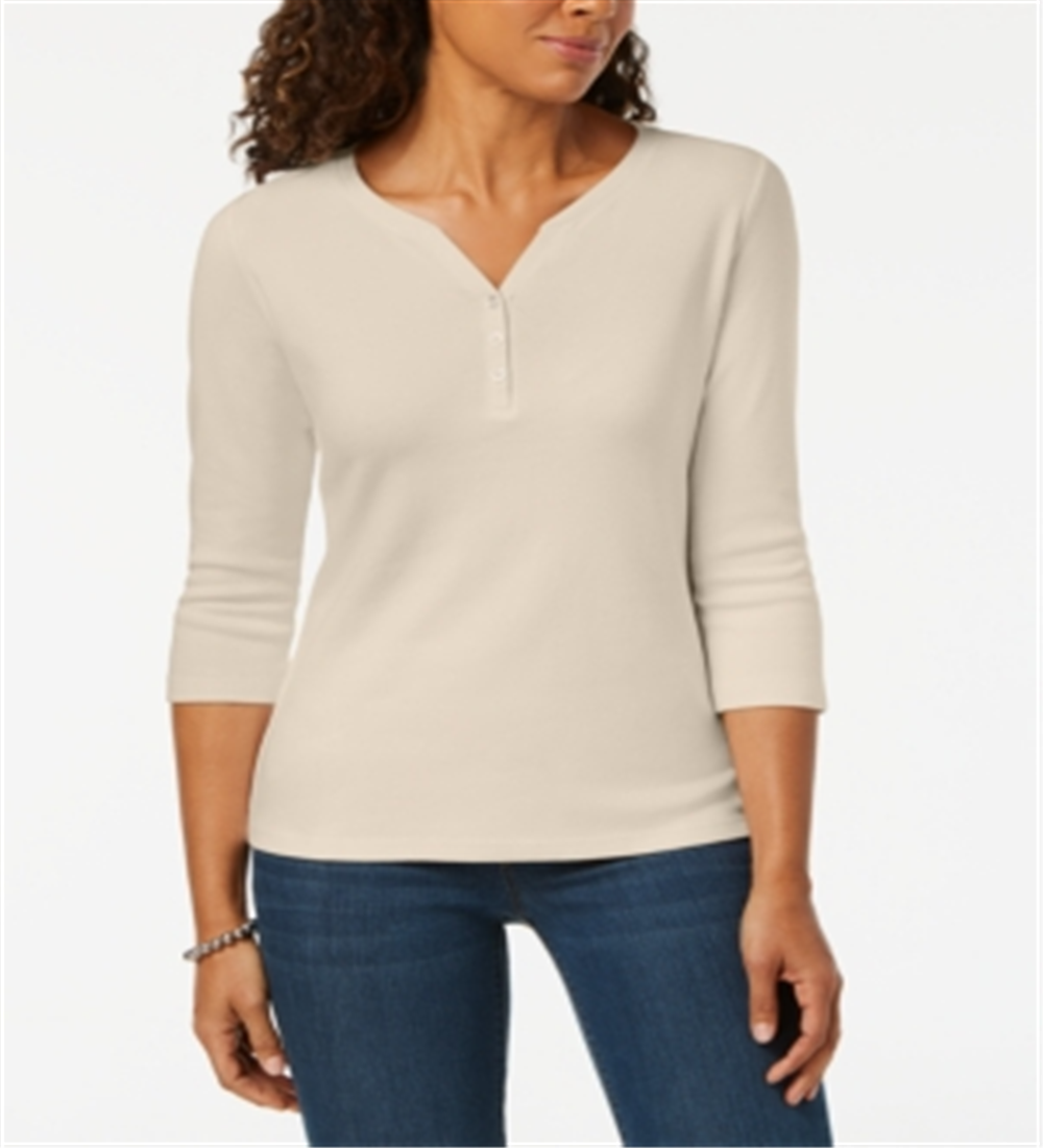 Karen Scott Women's Cotton Henley Top Brown Size Large