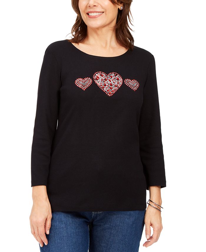 Karen Scott Women's Cotton Graphic Embellished Top Black Size Petite S