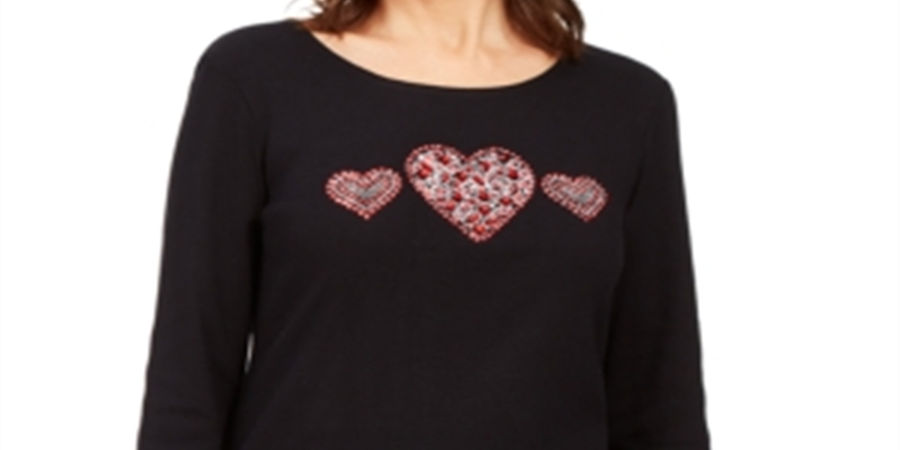 Karen Scott Women's Cotton Graphic Embellished Top Black Size Petite S