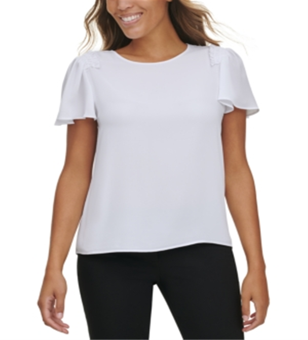 Calvin Klein Women's Ruffled Short Sleeve Blouse White Size X-Large