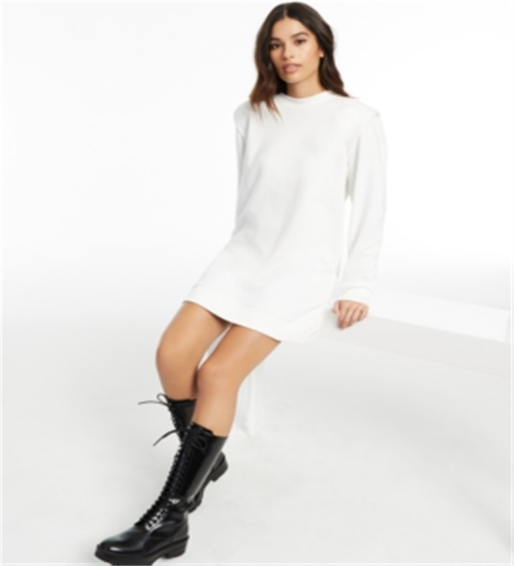 INC Women's Shoulder Pads Crew Neck Sweatshirt Dress White Size S