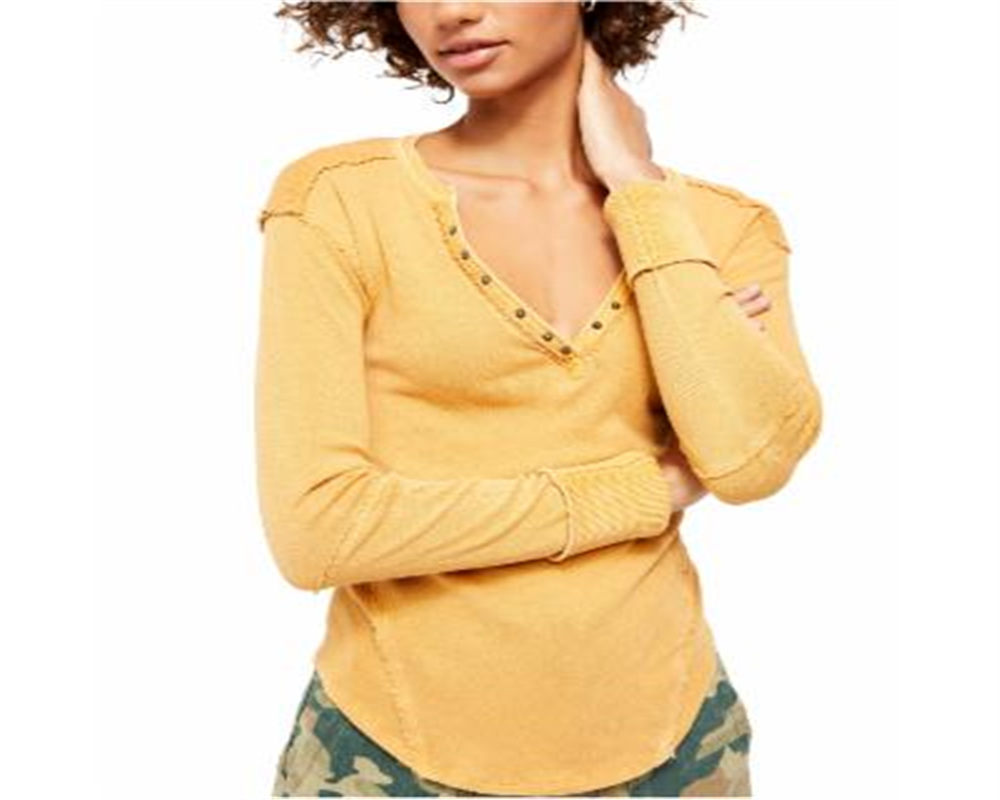 Free People Women's Long Sleeve V Neck Top Yellow Size Medium