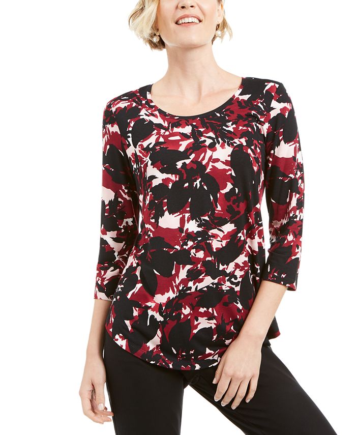 JM Collection Women's Printed 3/4 Sleeve T-Shirt Top Black Size Small