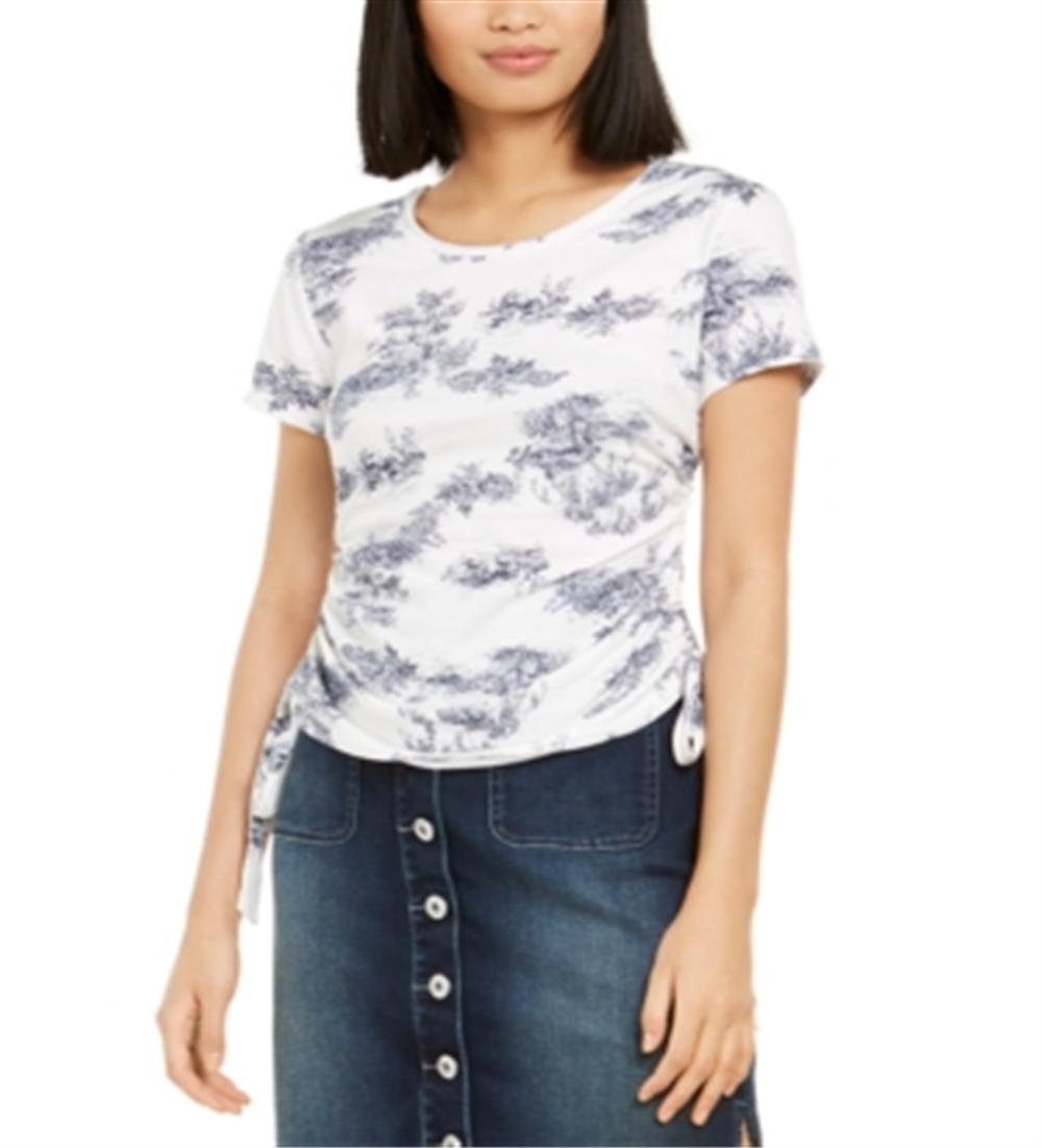 INC International Concepts Women's Cotton Printed Tie Hem Top White Size Petite S