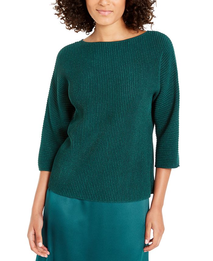 Alfani Women's Metallic Ribbed-Knit Sweater Green Size Small
