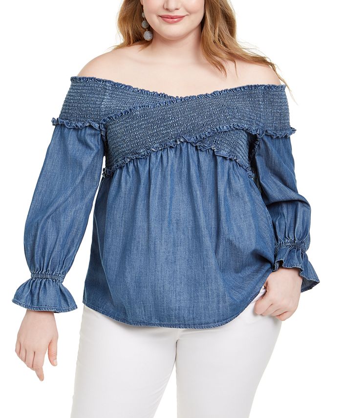 INC International Concepts Women's Plus Shirred Bell Sleeve Top Blue Size -0X