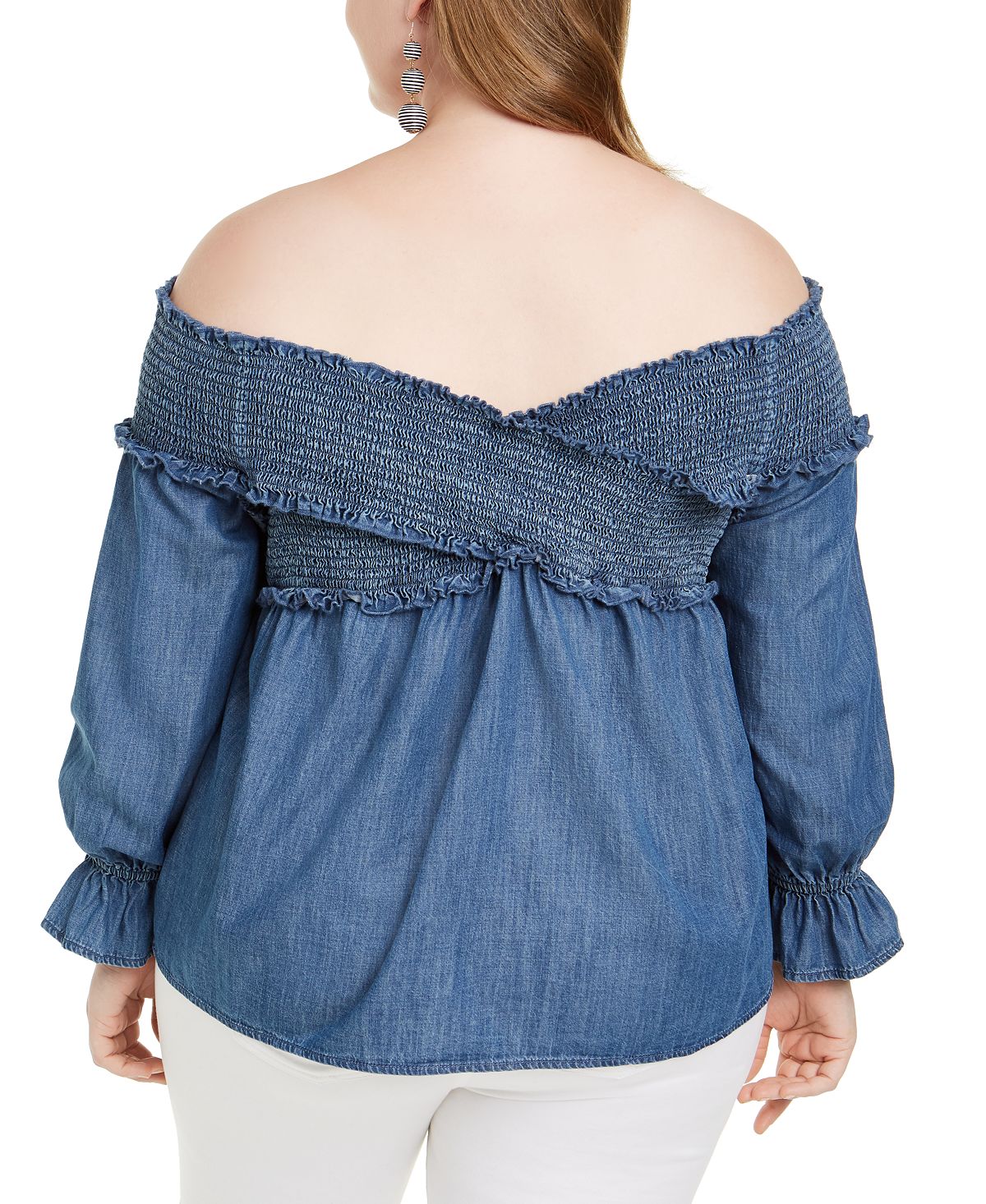 INC International Concepts Women's Plus Shirred Bell Sleeve Top Blue Size -0X
