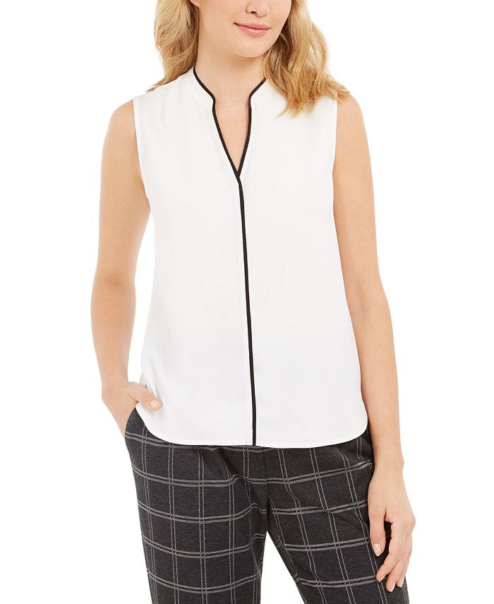 Calvin Klein Women's Contrast Trim Split Neck Blouse White Size Petite M