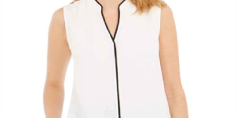 Calvin Klein Women's Contrast Trim Split Neck Blouse White Size Petite M