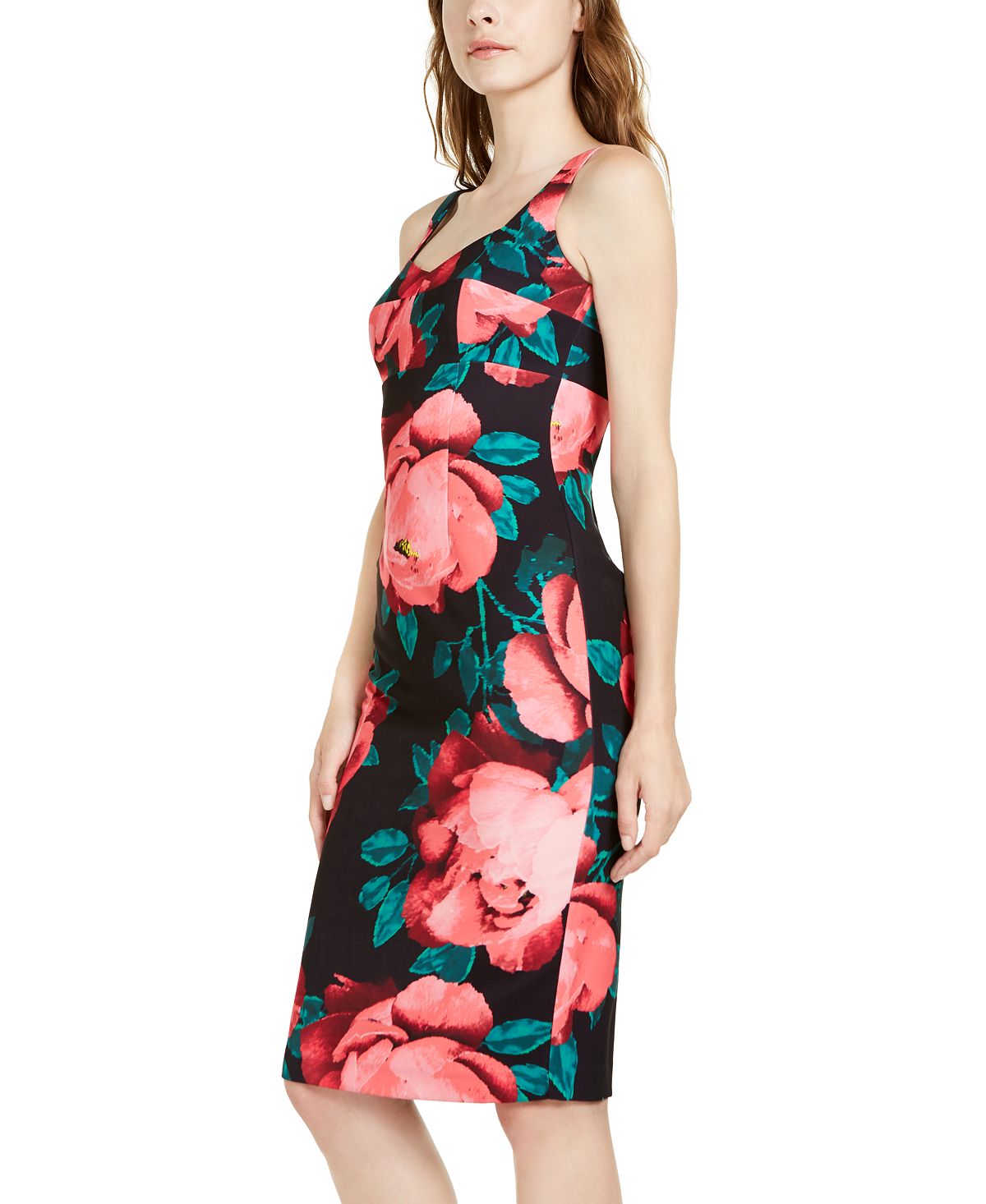 Trina Turk Women's Floral Sleeveless V Neck MIDI Sheath Dress Red Size 10