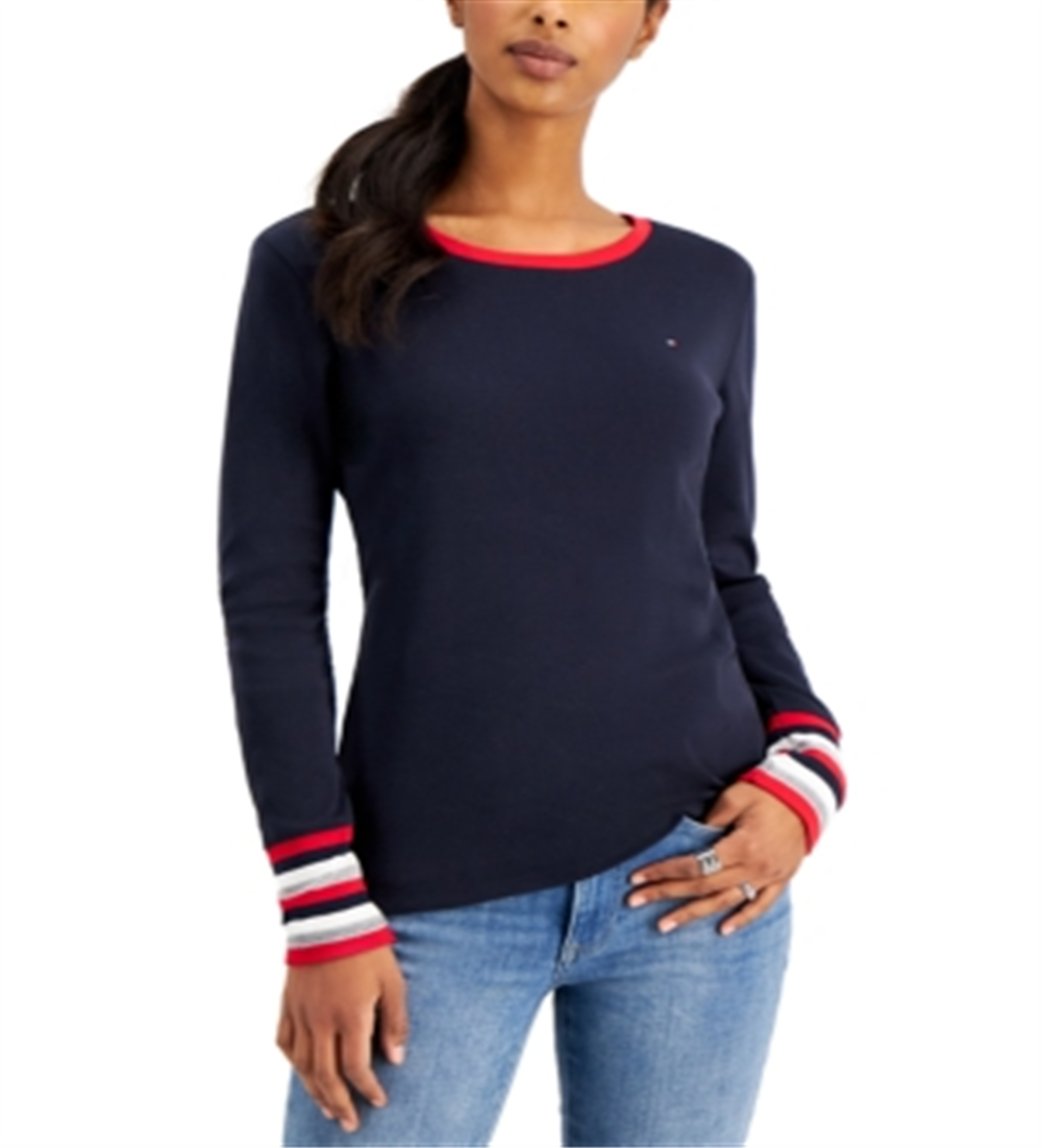 Tommy Hilfiger Women's Cotton Striped Cuff Top Blue Size Small