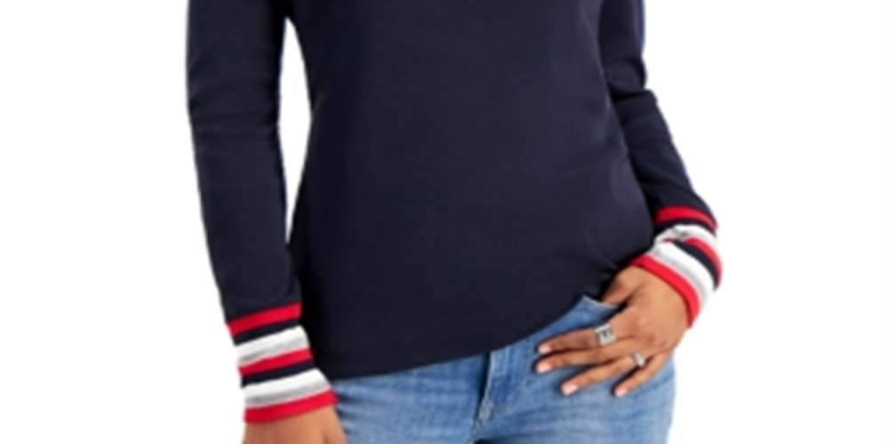 Tommy Hilfiger Women's Cotton Striped Cuff Top Blue Size Small