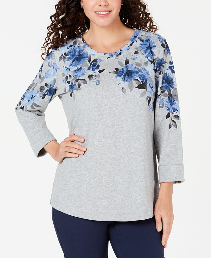 Karen Scott Women's Sport Floral Graphic Sweatshirt Gray Size XS