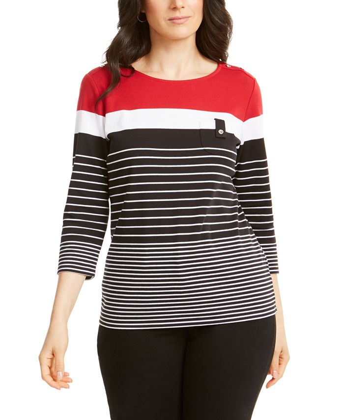 Karen Scott Women's Sport Striped Button-Shoulder Top Red Size XX-Large