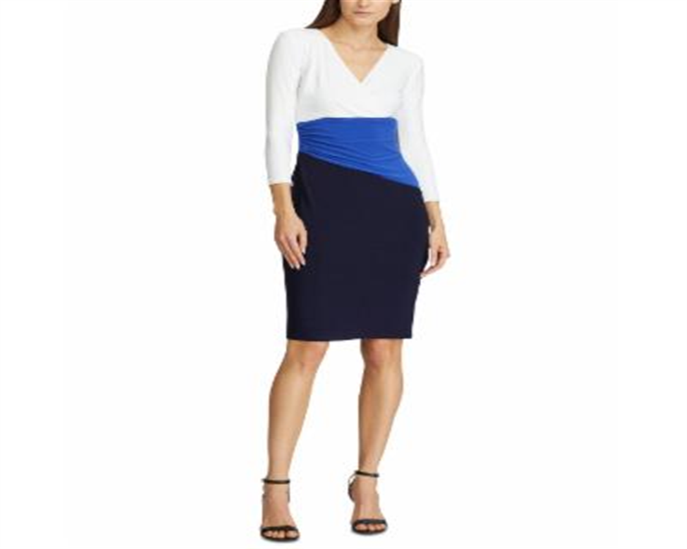Ralph Lauren Women's Color Block Short Sleeve Jewel Neck Above the Knee Body Con Dress Blue Size 2