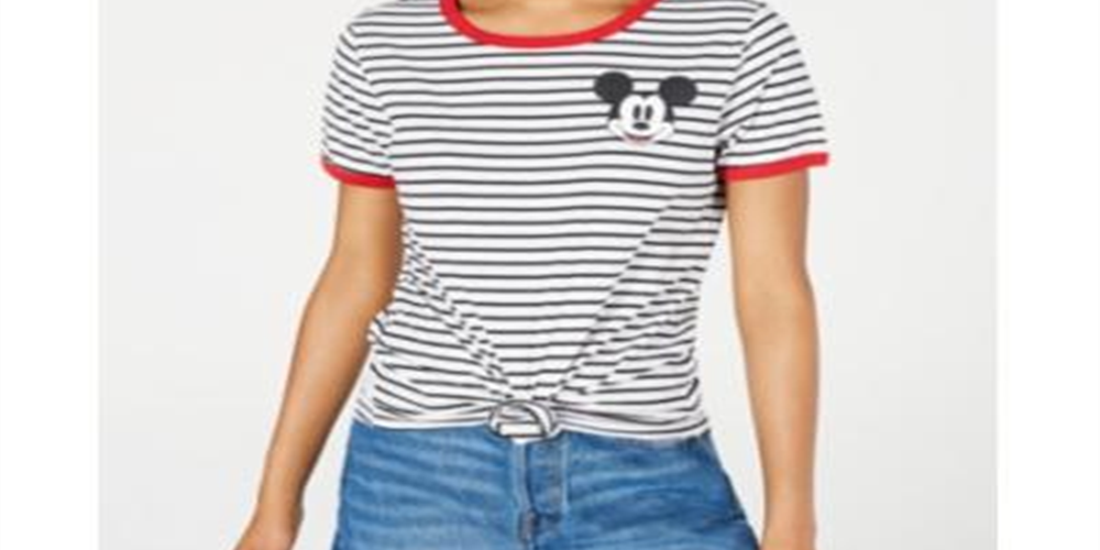 Disney Junior's Mickey Mouse Striped Graphic Ringer T-Shirt Gray Size X-Small