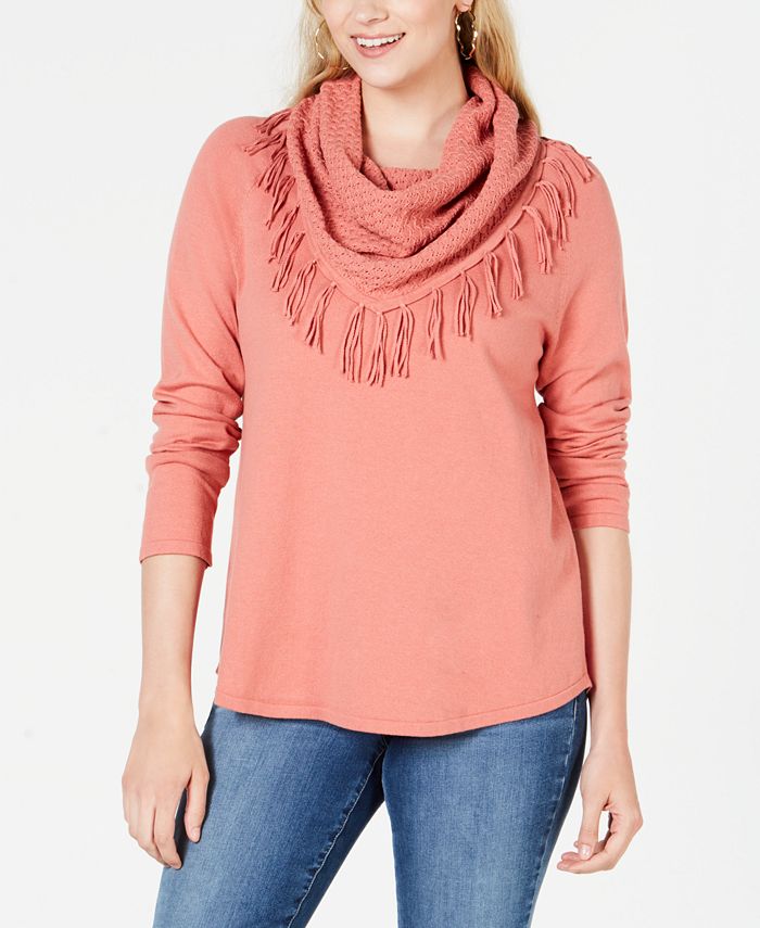 Style & Co Women's Fringed Cowl Neck Sweater Orange Size Petite