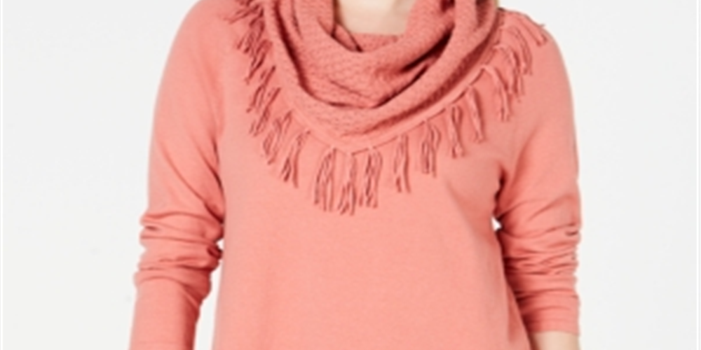 Style & Co Women's Fringed Cowl Neck Sweater Orange Size Petite