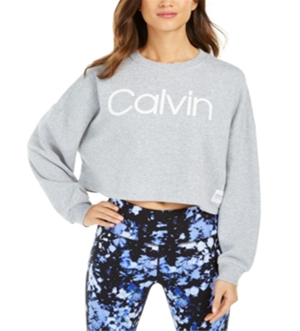 Calvin Klein Women's Performance Logo Drop Shoulder Cropped Sweatshirt Grey Size Medium
