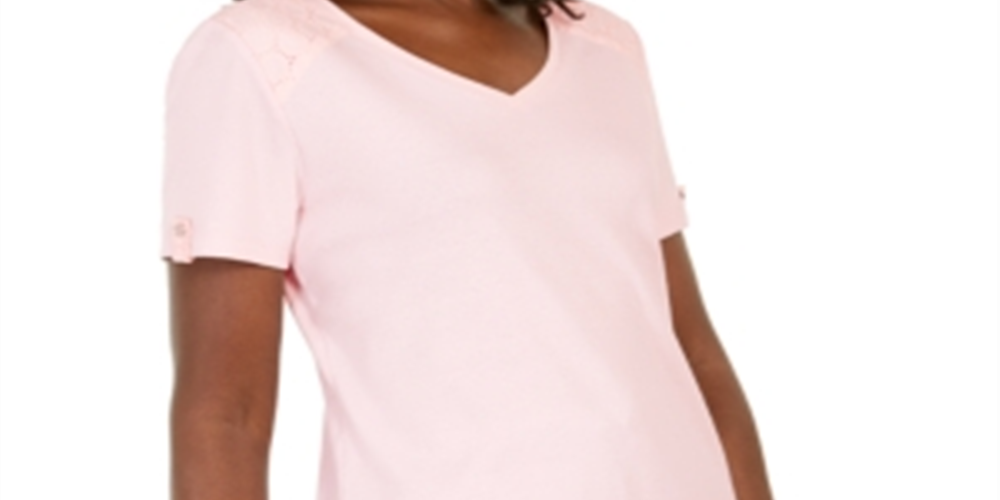 Karen Scott Women's Eyelet Shoulder V-Neck Top Pink Size X-Small