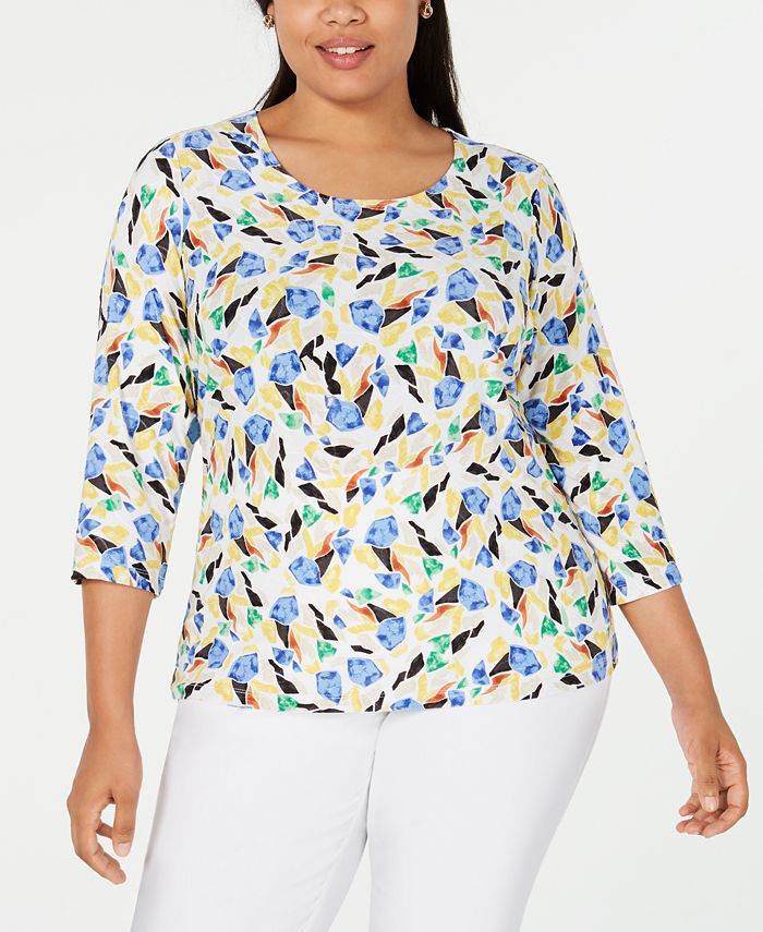 JM Collection Women's Plus Printed Jacquard Top White Size 0X