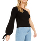 Bar III Women's One Shoulder Volume Sleeve Sweater Black Size Large