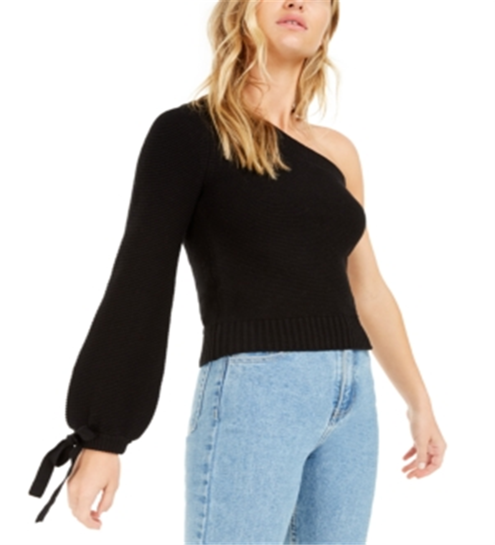 Bar III Women's One Shoulder Volume Sleeve Sweater Black Size Large