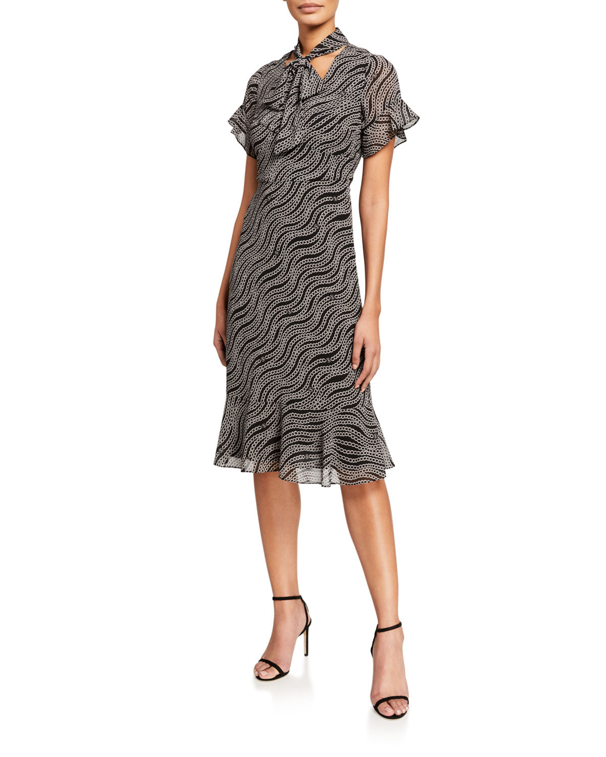 Michael Kors Women's Chain Mix Tie Neck Flounce Dress Black Size 2XL